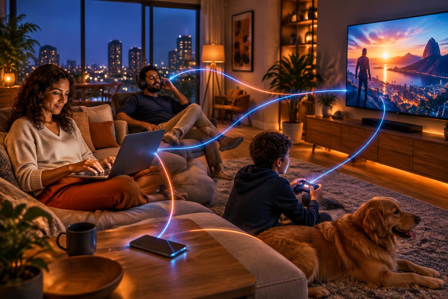 Família usando diversos dispositivos conectados em casa